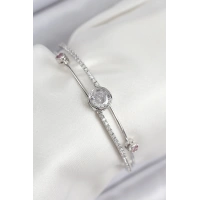 Pirinç Zirkon Taşlı Pırlanta Model Gümüş Renk Kadın Bileklik