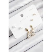 Pirinç Zirkon Taşlı Sallantılı Damla Model Gold Renk 925 Ayar Gümüş Çivi Kadın Küpe Set