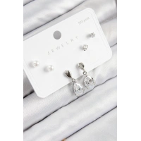 Pirinç Zirkon Taşlı Sallantılı Damla Model Gümüş Renk 925 Ayar Gümüş Çivi Kadın Küpe Set