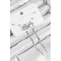 Pirinç Zirkon Taşlı Sallantılı Fiyonk Model Gümüş Renk 925 Ayar Gümüş Çivi Kadın Küpe Set