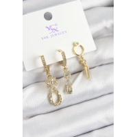 Pirinç Zİrkon Taşlı Sallantılı Model Gold Renk 3lü Kadın Küpe