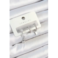 Pirinç Zirkon Taşlı Sallantılı Model Gümüş Renk 3lü Çift Kadın Küpe Set