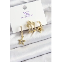 Pirinç Zİrkon Taşlı Sallantılı Yıldız Model Gold Renk 3lü Kadın Küpe