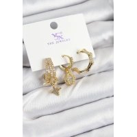 Pirinç Zİrkon Taşlı Sallantılı Yıldız Model Gold Renk 3lü Kadın Küpe