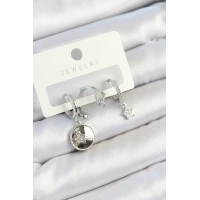 Pirinç Zirkon Taşlı Sallantılı Yıldız Model Gümüş Renk 3lü Çift Kadın Küpe Set