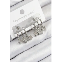 Pirinç Zirkon Taşlı Sallantılı Yıldız Model Gümüş Renk Kadın Küpe