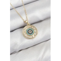 Pirinç Zirkon Taşlı Su Yolu Nazar Model Gold Renk Kadın Kolye