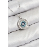 Pirinç Zirkon Taşlı Su Yolu Nazar Model Gümüş Renk Kadın Kolye