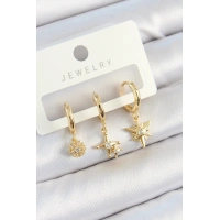 Pirinç Zirkon Taşlı Yıldız Model Gold Renk 3lü Çift Kadın Küpe Set