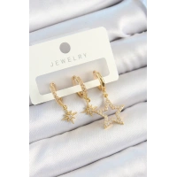 Pirinç Zirkon Taşlı Yıldız Model Gold Renk 3lü Çift Kadın Küpe Set
