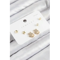 Pirinç Zirkon Taşlı Yıldız Model Gold Renk 925 Ayar Gümüş Çivi Kadın Küpe Set