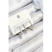 Pirinç Zirkon Taşlı Yıldız Model Gümüş Renk 3lü Çift Kadın Küpe Set