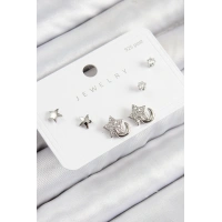 Pirinç Zirkon Taşlı Yıldız Model Gümüş Renk 925 Ayar Gümüş Çivi Kadın Küpe Set