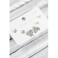 Pirinç Zirkon Taşlı Yıldız Model Gümüş Renk 925 Ayar Gümüş Çivi Kadın Küpe Set