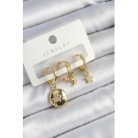Pirinç Zirkon Taşlı Yıldız Ve Ay Model Gold Renk 3lü Çift Kadın Küpe Set