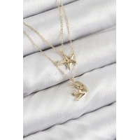 Pirinç Zirkon Taşlı Yıldız Ve Ay Model Gold Renk Kadın Kolye