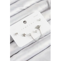 Pirinç Zirkon Taşlı Yıldız Ve Gezegen Model Gümüş Renk 925 Ayar Gümüş Çivi Kadın Küpe Set