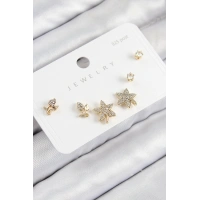 Pirinç Zirkon Taşlı Yıldız Ve Gül Model Gold Renk 925 Ayar Gümüş Çivi Kadın Küpe Set