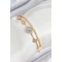 Pirinç Zirkon Taşlı Yonca Model Gold Renk Kadın Bileklik