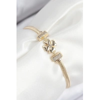 Pirinç Zirkon Taşlı Yonca Model Gold Renk Kadın Bileklik