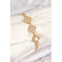 Pirinç Zirkon Taşlı Yonca Model Gold Renk Kadın Bileklik