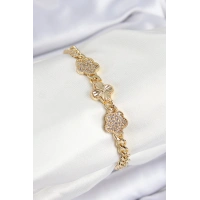 Pirinç Zirkon Taşlı Yonca Model Gold Renk Kadın Bileklik