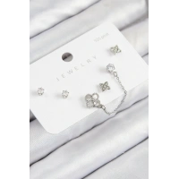 Pirinç Zirkon Taşlı Yonca Model Gümüş Renk 925 Ayar Gümüş Çivi Kadın Küpe Set