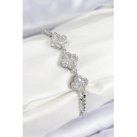 Pirinç Zirkon Taşlı Yonca Model Gümüş Renk Kadın Bileklik