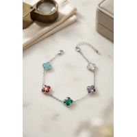 Renkli Kristal Taşlı Gümüş Renk Yonca Model Kadın Bileklik