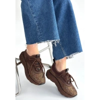 Rimay Kahverengi Cilt Boncuk İşlemeli Spor Ayakkabı