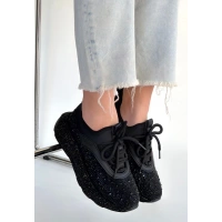 Rimay Siyah Cilt Boncuk İşlemeli Spor Ayakkabı