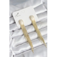 Sallantılı Beyaz Mineli Gold Renk Kadın Küpe