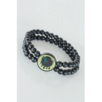 Sarı Renkli Metal Üzerine Osmanlı Arma Figürlü Siyah Renk Çift Sıra Doğal Taş Erkek Bileklik