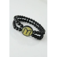 Sarı Renkli Metal Üzerine Siyah Kayı Boyu Figürlü Siyah Renk Çift Sıra Doğal Taş Erkek Bileklik