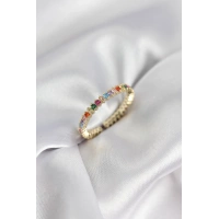 Sıralı Karışık Renkli Gold Renk Zirkon Taşlı Kadın Yüzük