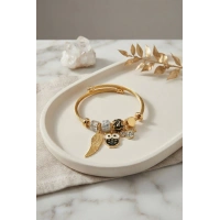 Siyah Baykuş Model Gold Renk Charmlı Bileklik