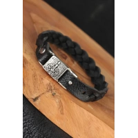 Siyah Örgü Model Deri Erkek Bileklik