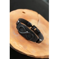 Sonsuzluklu Metal Aksesuarlı Siyah Deri Erkek Bileklik