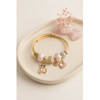 Tedy Bear Model Gold Renk Pembe Charmlı Bileklik