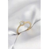 Tek Taş Model Gold Renk Zirkon Taşlı Kadın Yüzük