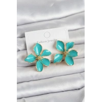 Turkuaz Mineli Çiçek Model Pirinç Kadın Küpe