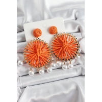 Turuncu Hasır Örgü Sarmal Model Sallantılı İnci Detaylı Gold Renk Kadın Küpe