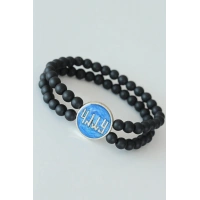 Vav Figürlü Lacivert Metal Aksesuarlı Çift Sıra Oniks Doğal Taş Erkek Bileklik