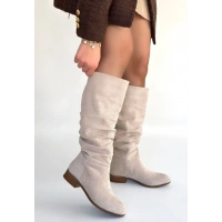 Winda Bej Süet Körüklü Topuklu Çizme