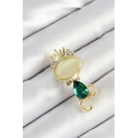 Yeşil Damla Zirkon Taşlı Kraliçe Taçlı Kedi Figürlü Gold Renk Kadın Broş