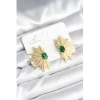 Yeşil Taş Detaylı Zirkon Taşlı Gold Renk Pirinç Kadın Küpe