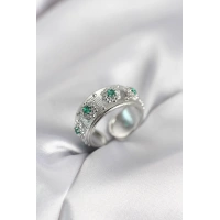 Yeşil Zirkon Taşlı Gümüş Renk Vintage Kadın Yüzük