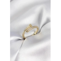 Zirkon Taşlı Gold Renk Yassı Çivi Model Kadın Yüzük