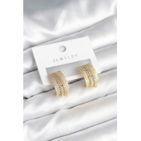 Zirkon Taşlı Şerit Model Gold Renk Pirinç Kadın Küpe