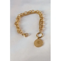 316L Çelik Gold Renk 2li Zincir Model Çeyrek Altınlı Kadın Bileklik